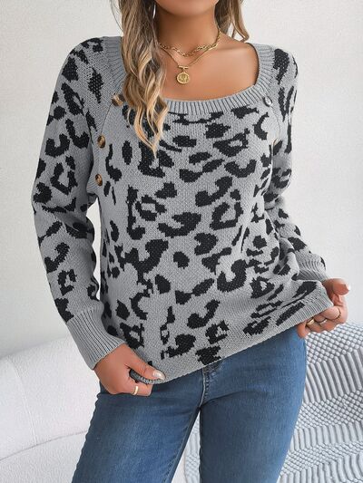 BodaciousBabe Leopard Buttoned Square Neck Sweater