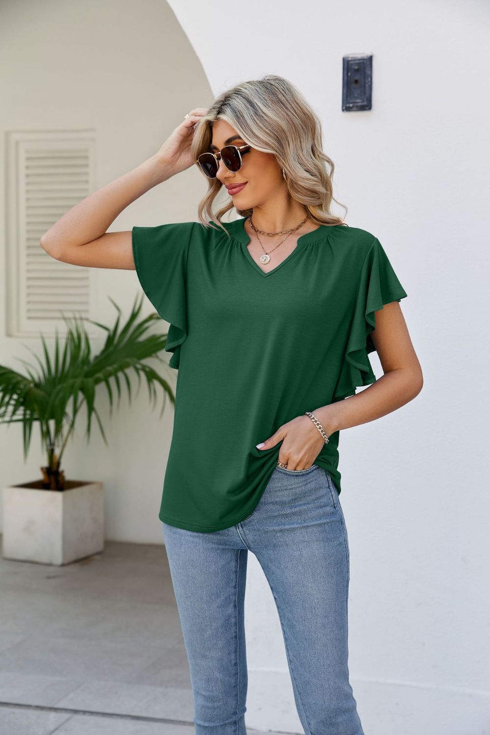 Women's JAYLEEN Full Size Notched Neck Flutter Sleeve Tee