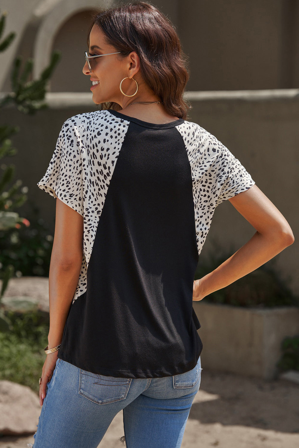 Women's Leopard Color Block V-Neck Tee Shirt
