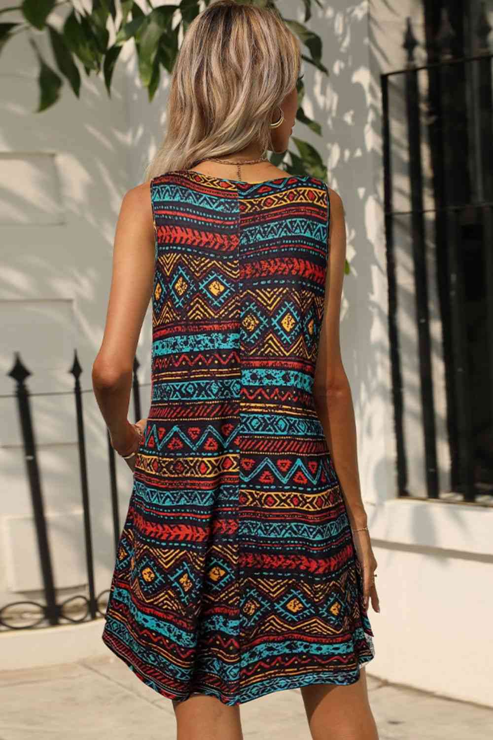 FULL SIZE Printed Round Neck Sleeveless Dress with Pockets