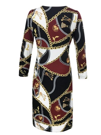 Printed Round Neck Long Sleeve Midi Dress