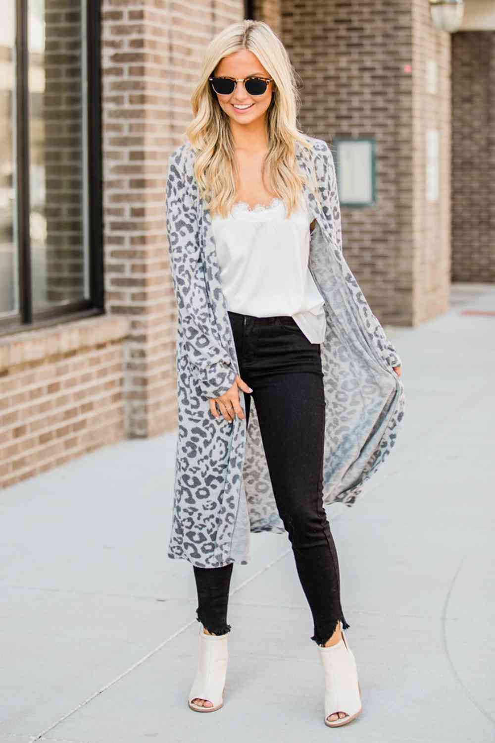 Cloudy Blue Open Front Leopard Cardigan