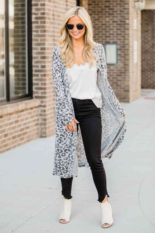 Cloudy Blue Open Front Leopard Cardigan