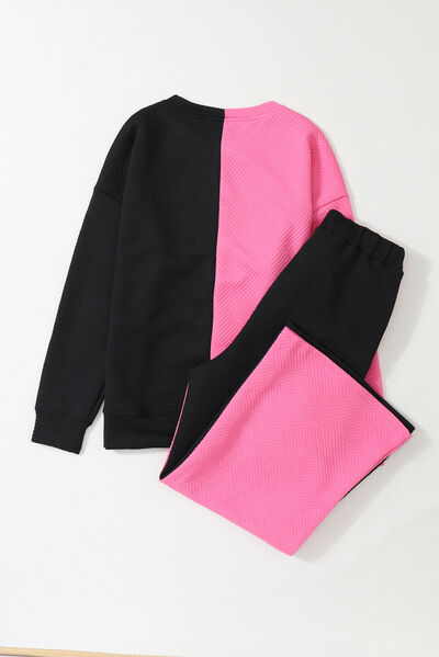 Adryane Jay Color Block Round Neck Sweatshirt and Pants Set