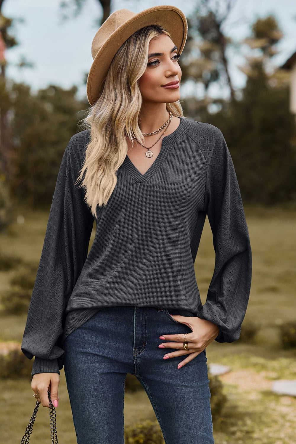 Full Size Notched Neck Raglan Sleeve Blouse