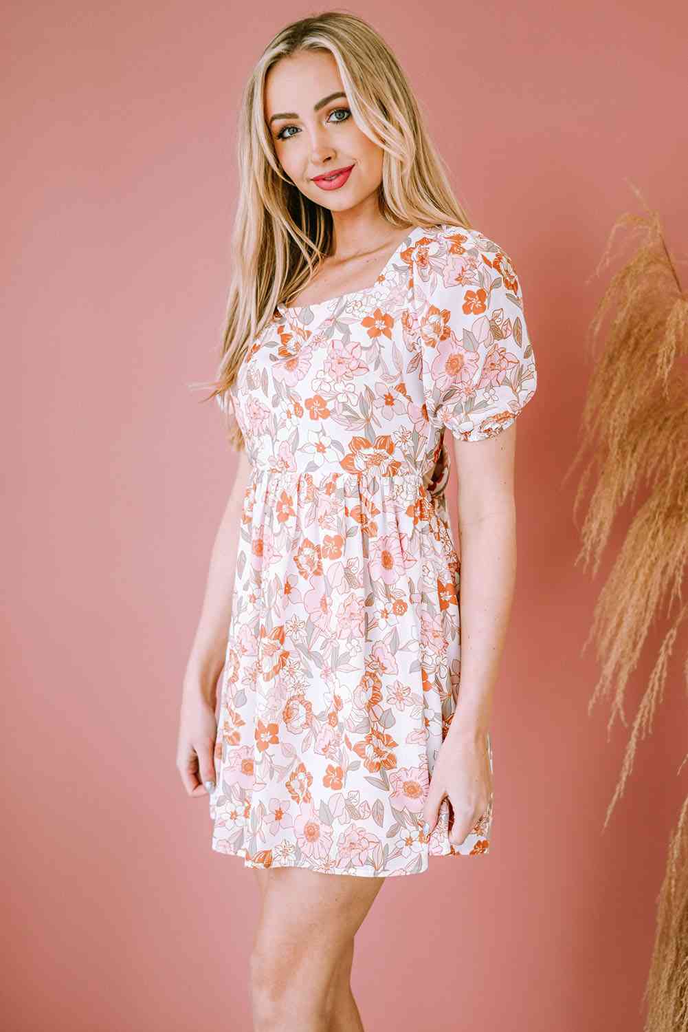 Women's Obsessed Blush Pink Floral Tie-Back Puff Sleeve Dress