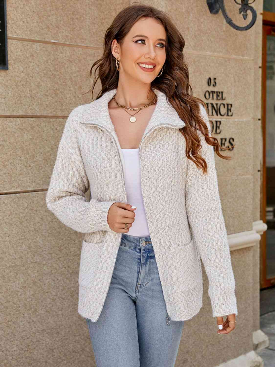 Zip-Up Collared Cardigan with Pockets