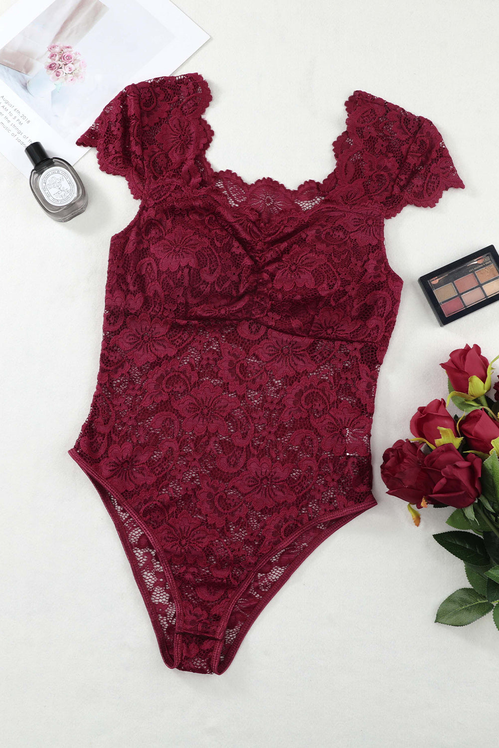 Women's Ruched Sweetheart Neck Lace Bodysuit