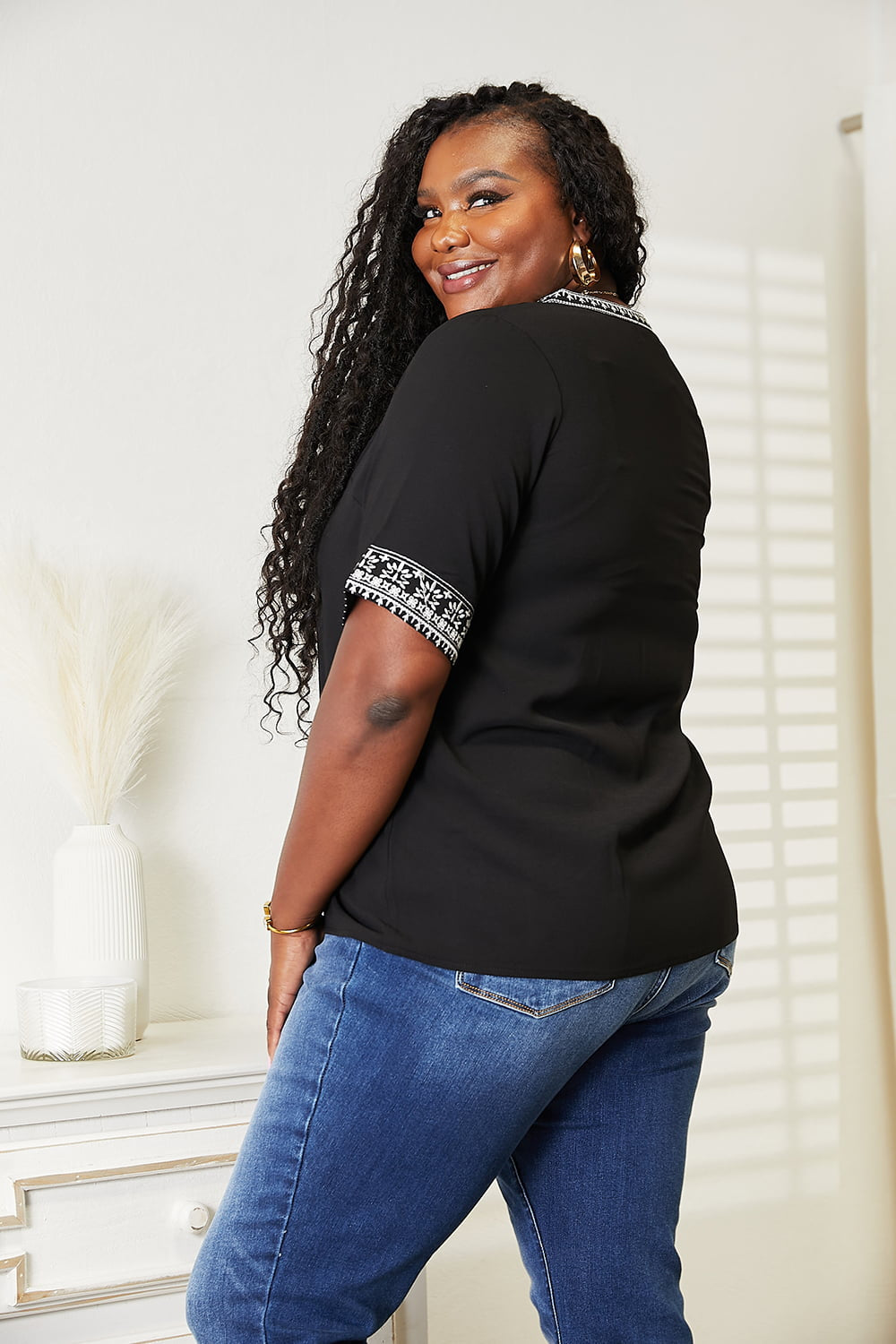 Double Take Black Full Size Embroidered Notched Neck Top
