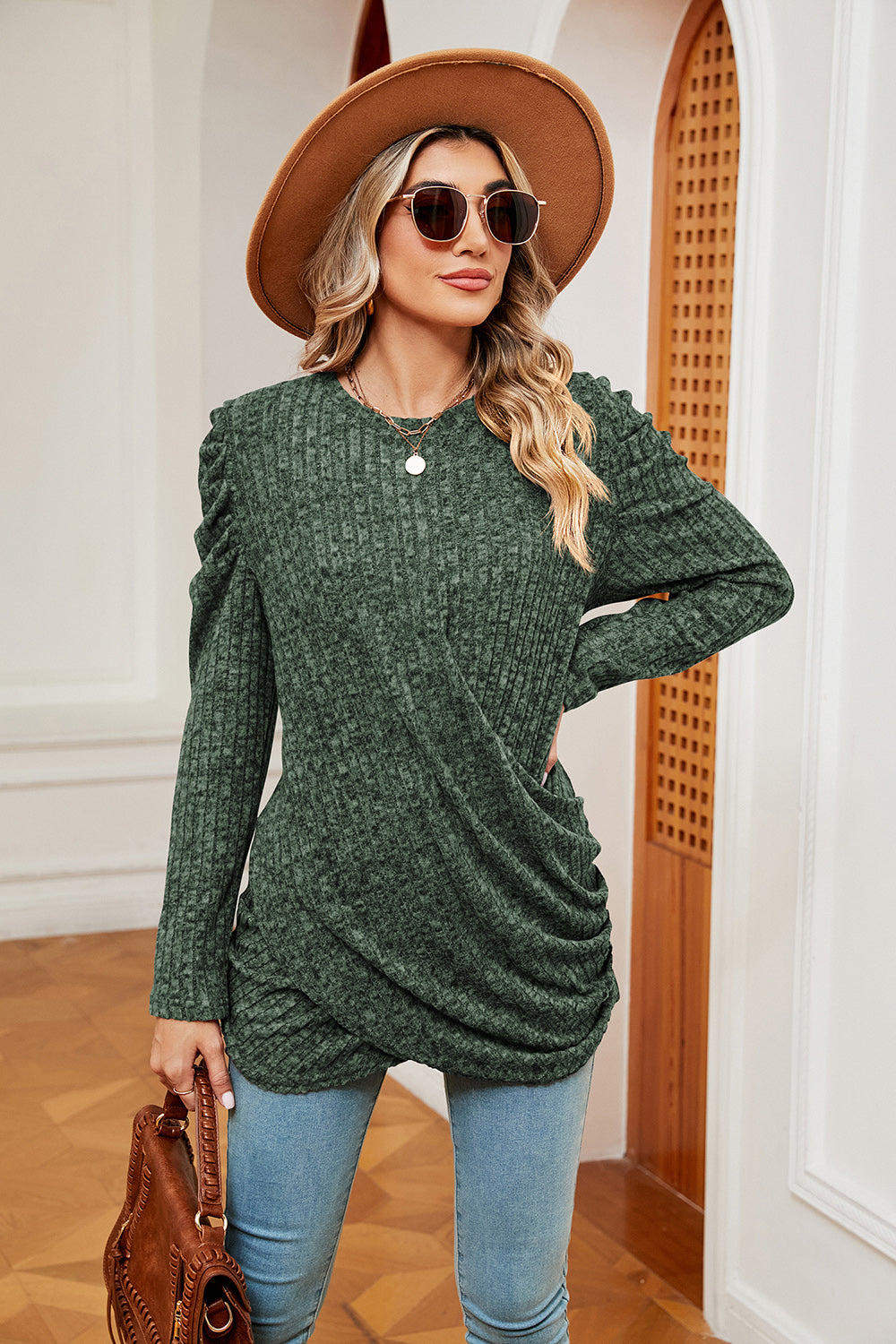 Full Size Long Sleeve Ribbed Twisted Top