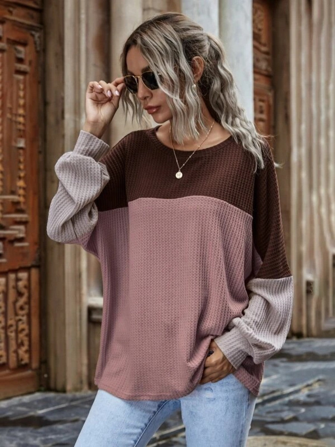 Full Size Color Block Waffle-Knit Long Sleeve Top