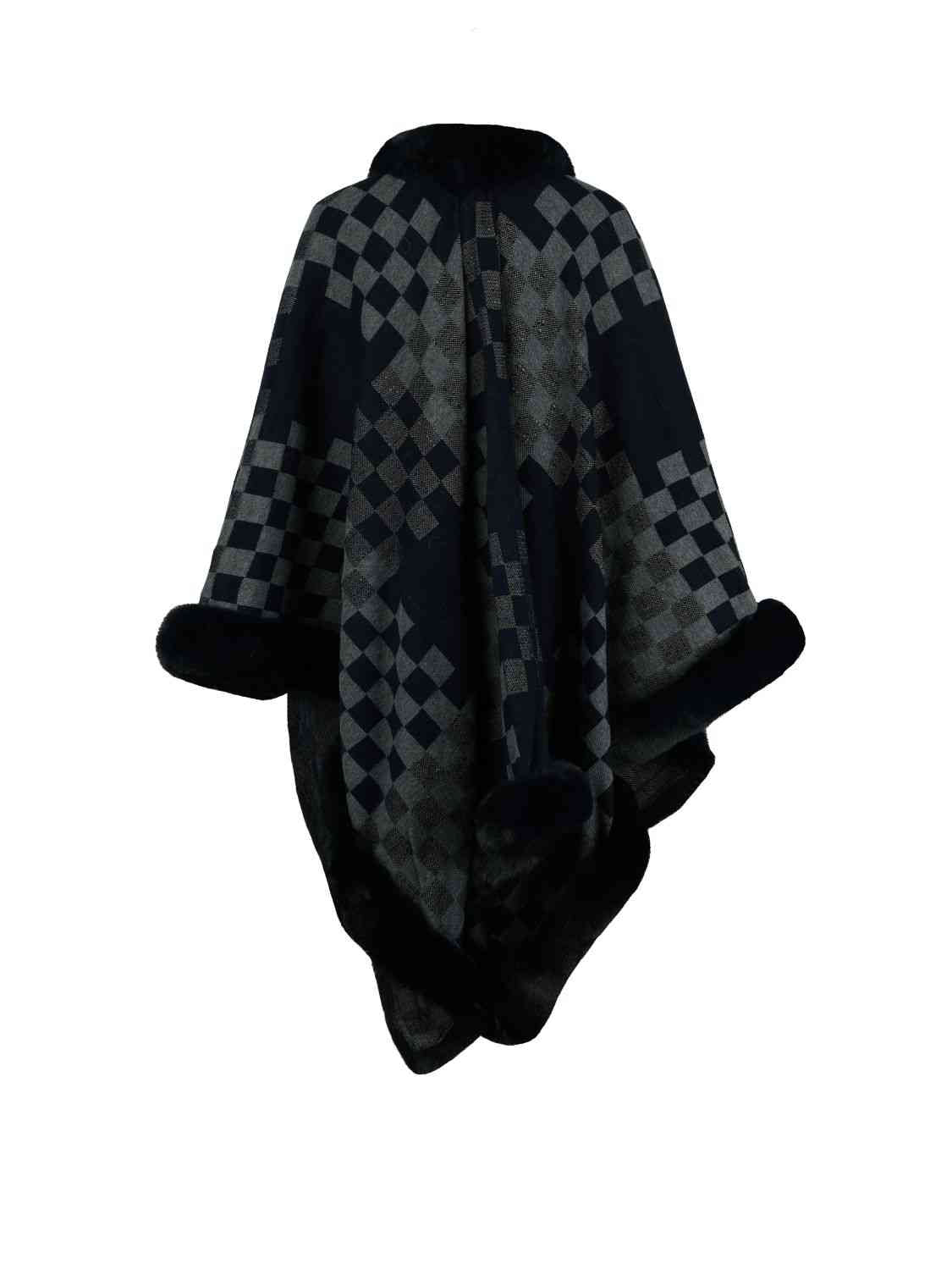 Savannah Jay One Size Checkered Faux Fur Trim Poncho