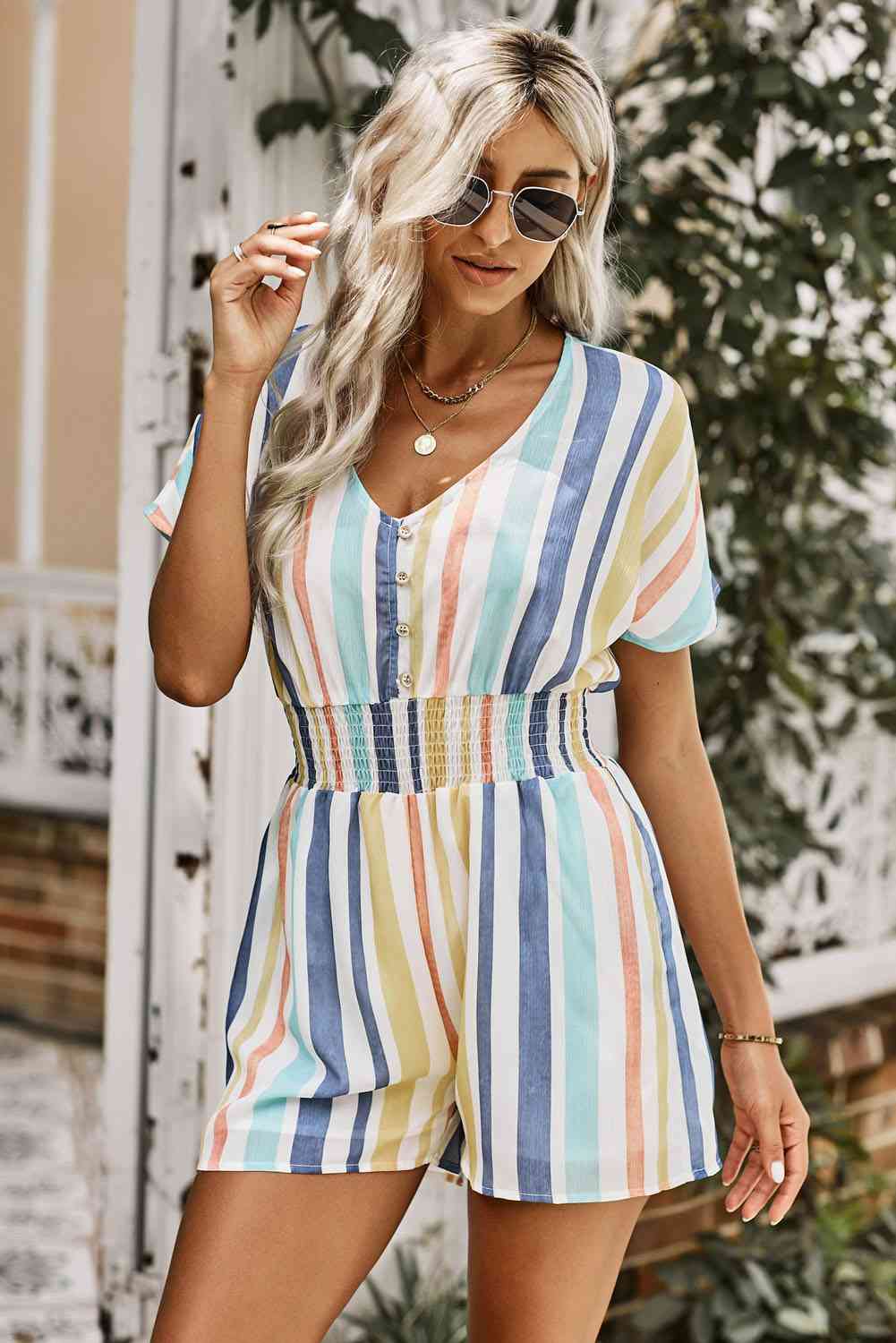 DuskJumpers Multicolored Stripe V-Neck Smocked Waist Romper