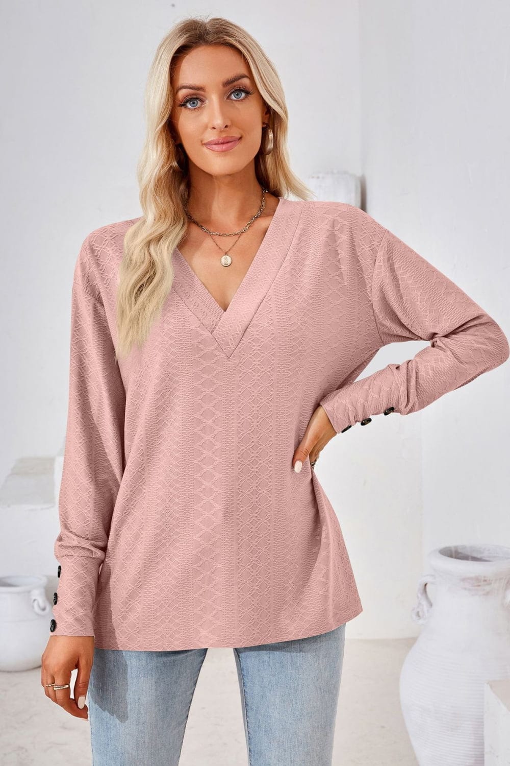 Full Size V-Neck Long Sleeve Blouse