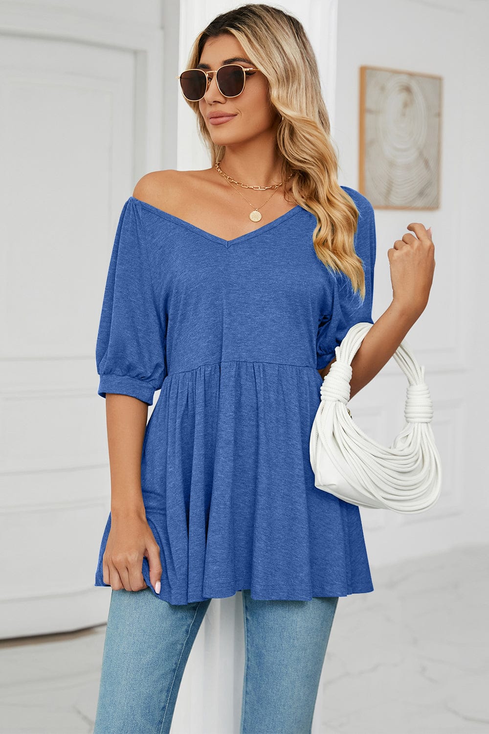 Full Size V-Neck Babydoll Top