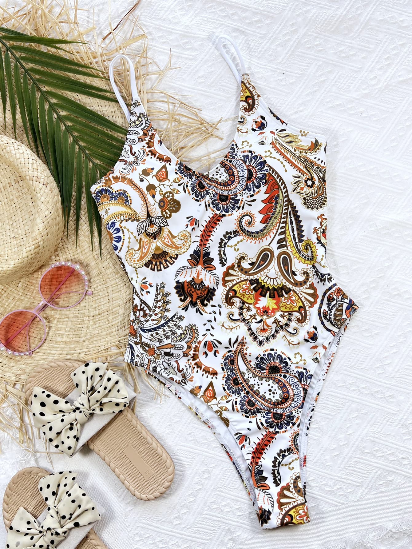 SOSPICY Printed Tie Back Scoop Neck One-Piece Swimsuit