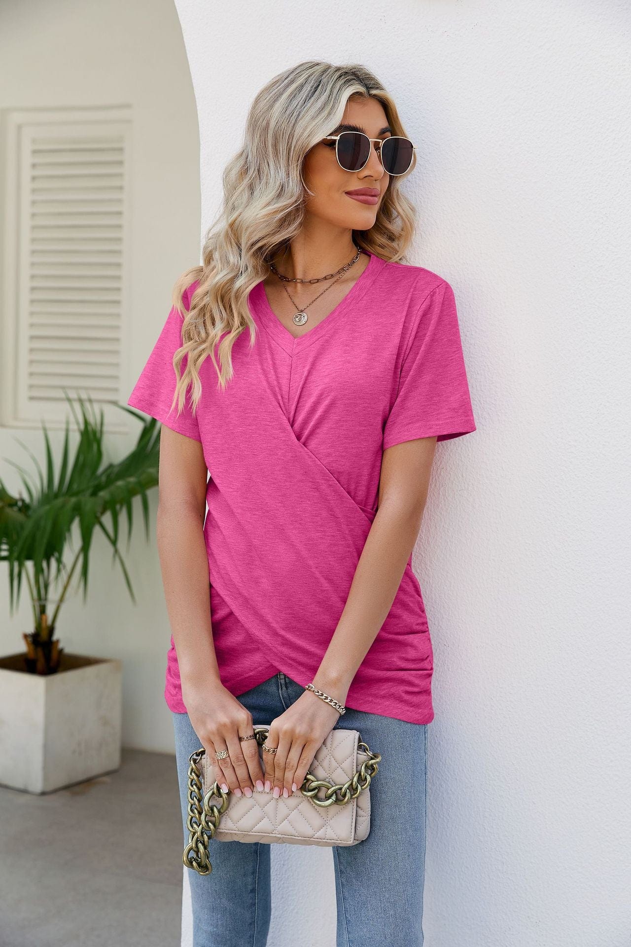 Full Size V-Neck Crisscross Short Sleeve Tee