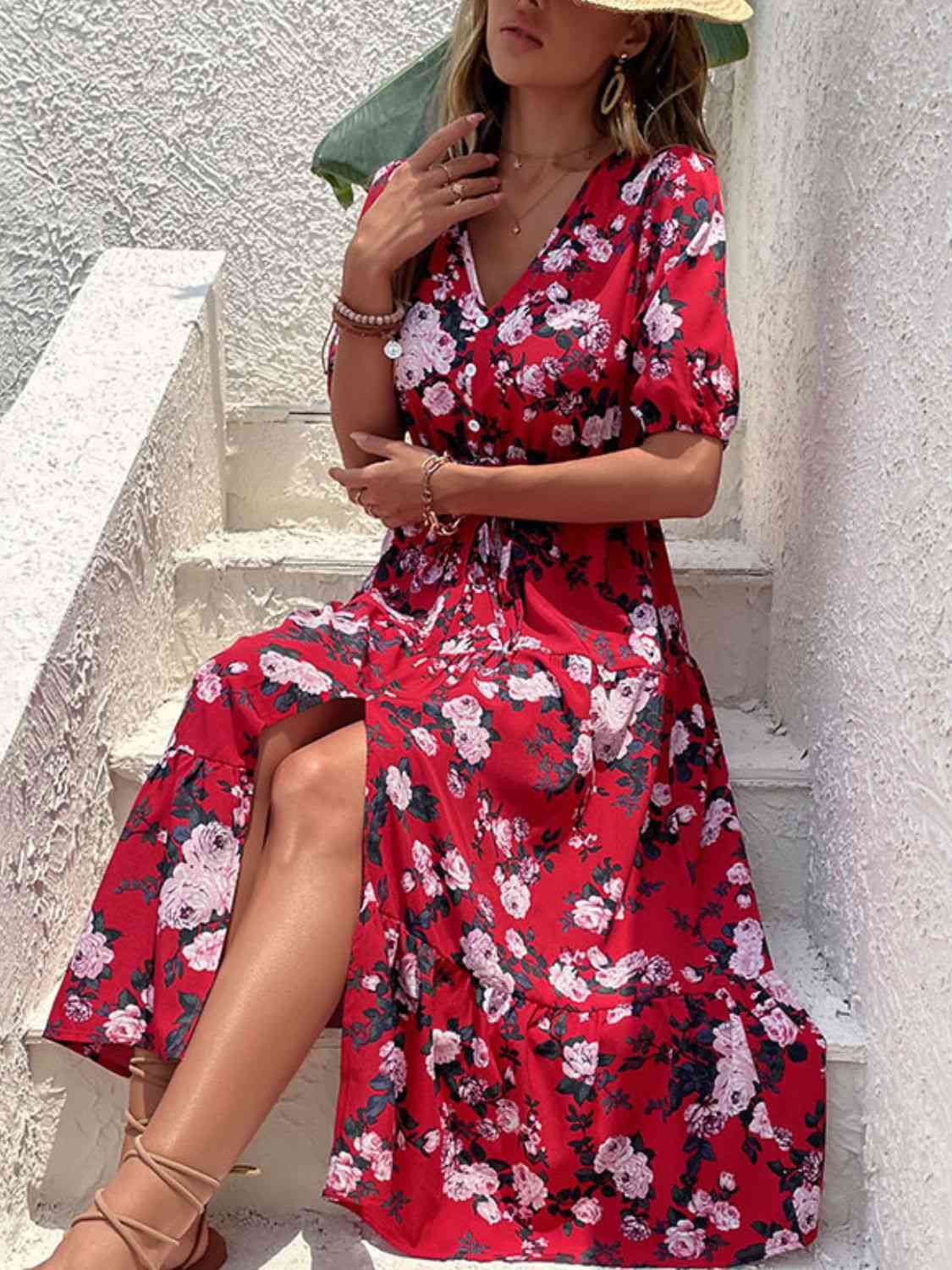 Red Floral Split Tie-Waist Dress