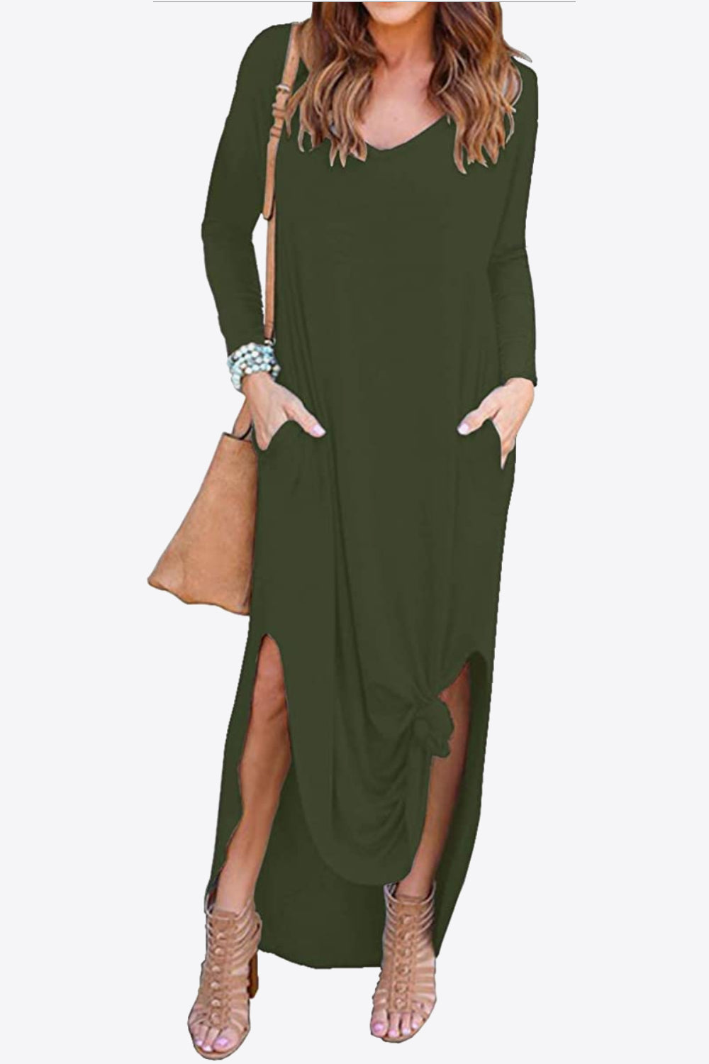 Women's Full Size Split Long Sleeve V-Neck Maxi Dress