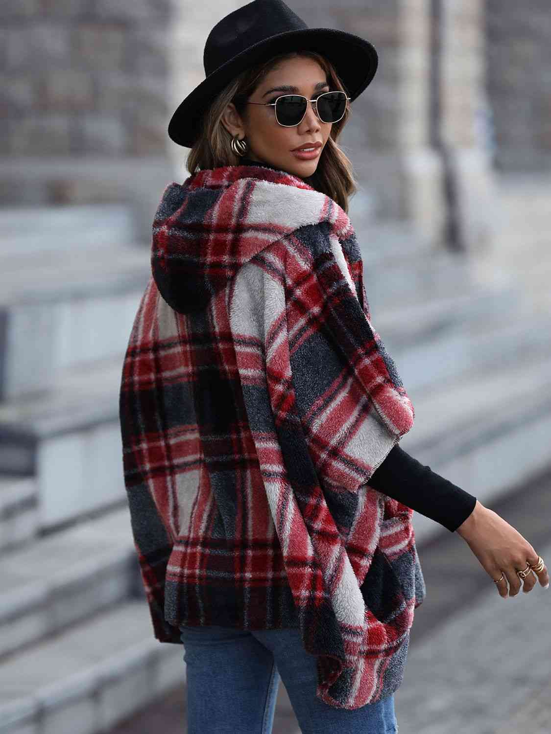 Adrien Planet Black Plaid Hooded Coat with Pockets