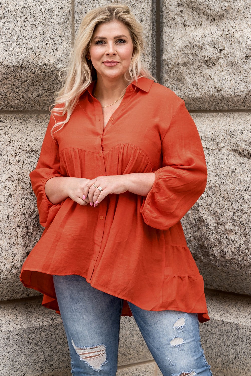 Women's Plus Size Collared Balloon Sleeve Shirt