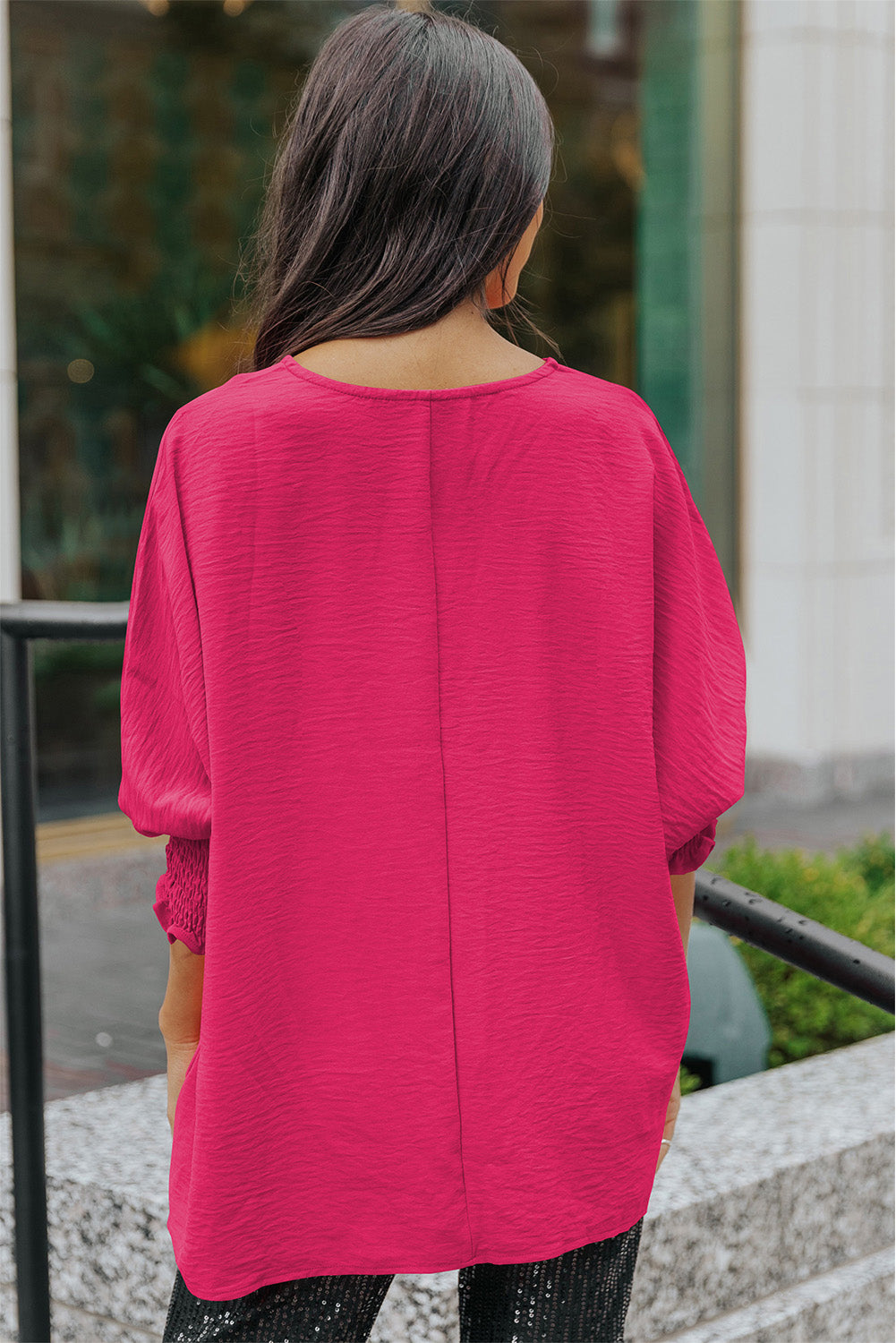 Full Size Round Neck Dolman Sleeve Textured Blouse