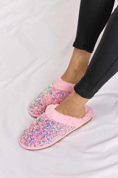 Forever Link Pink Sequin Plush Round Toe Slippers