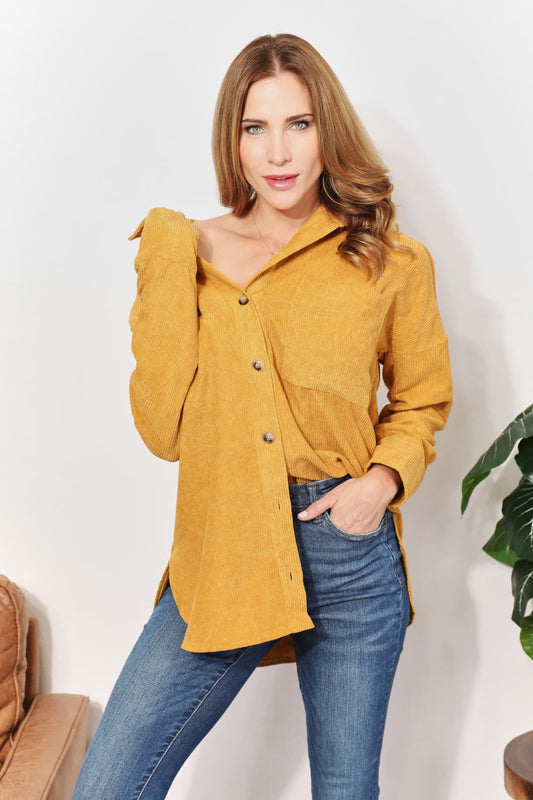 HEYSON Full Size Oversized Corduroy  Button-Down Mustard Yellow Tunic Shirt with Bust Pocket