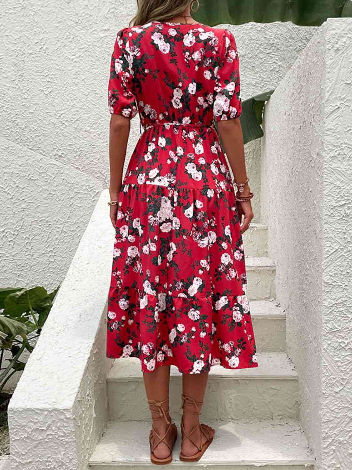 Red Floral Split Tie-Waist Dress