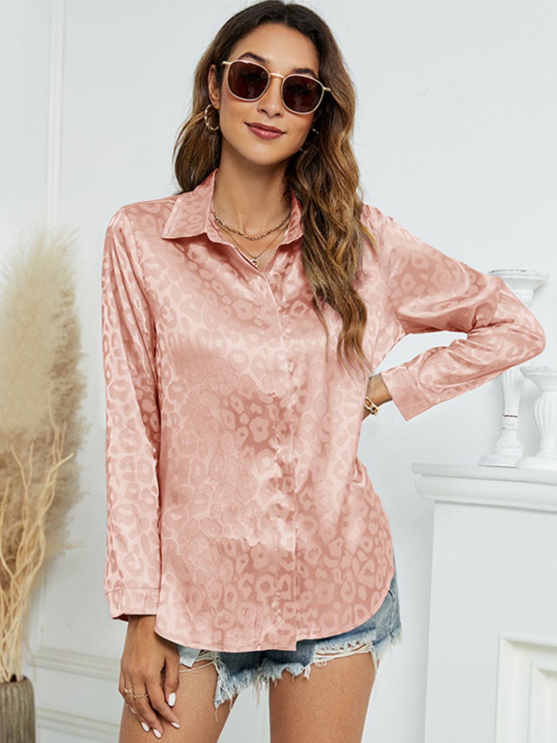 Full Size Printed Long Sleeve Collared Neck Shirt