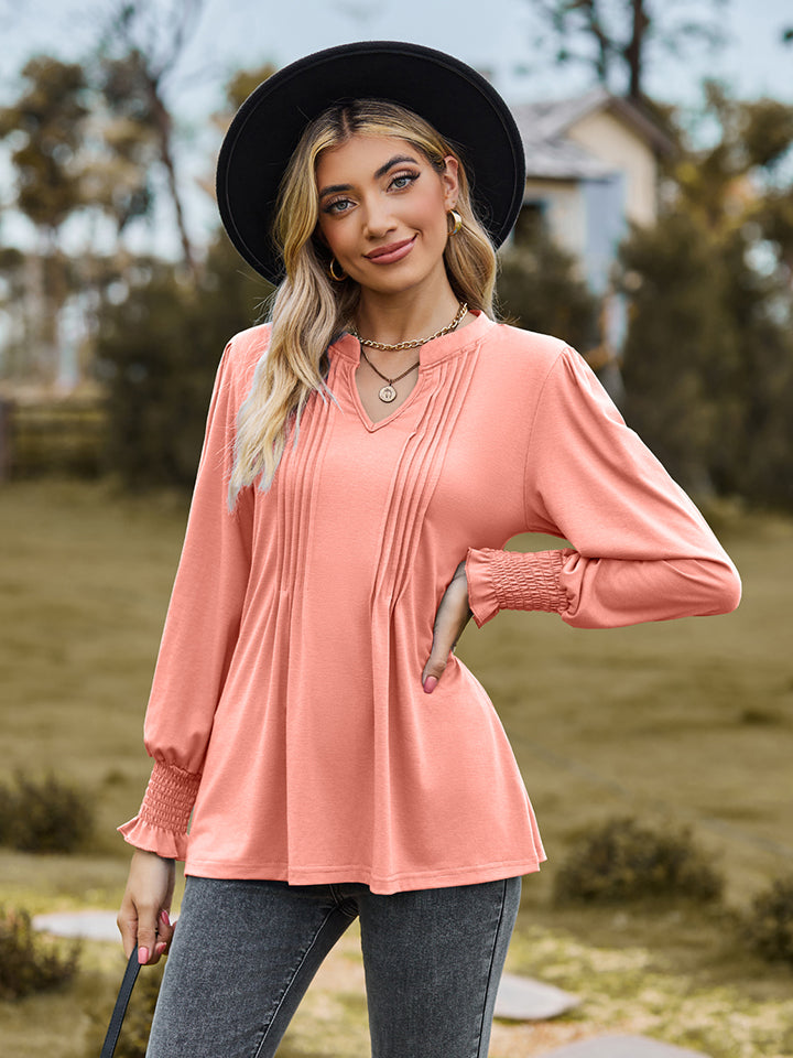 Full Size Notched Neck Flounce Sleeve Blouse