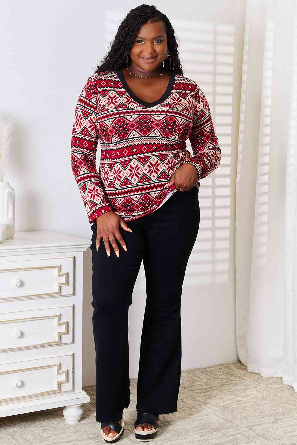 Heimish Full Size Christmas Snowflake Print Long Sleeve Top