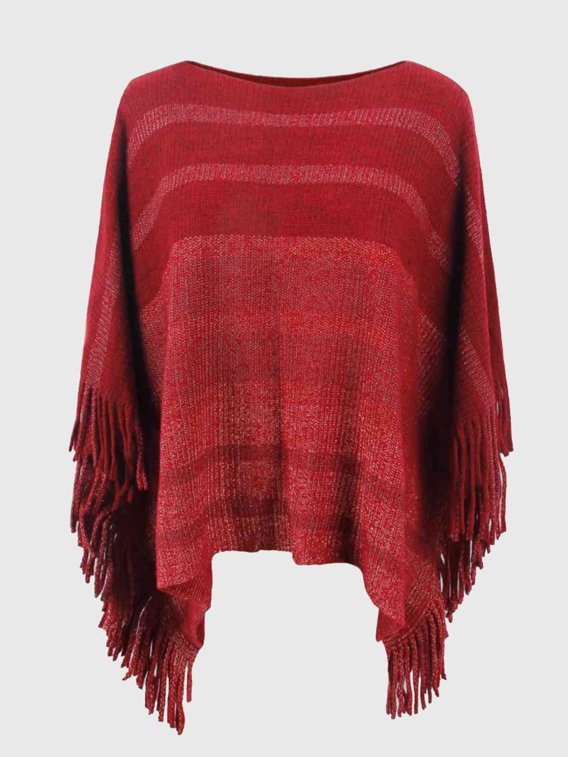 One Size Striped Boat Neck Poncho with Fringes