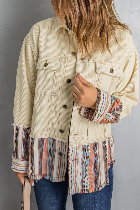 Full Size Striped Frayed Hem Corduroy Jacket