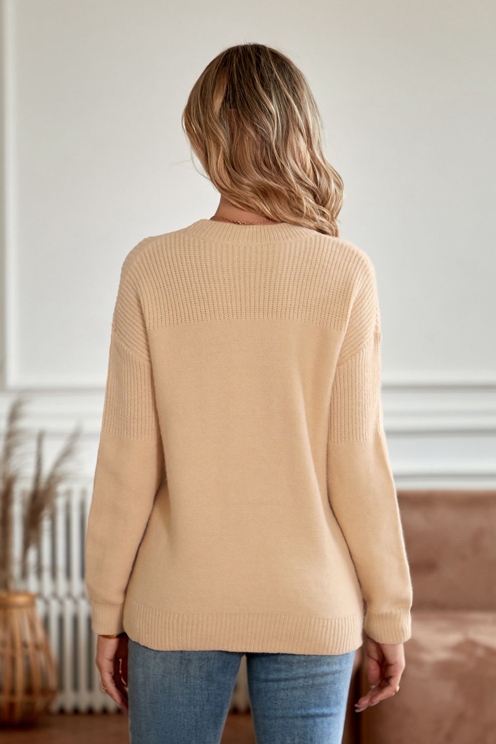 Hannah&Mea Round Neck Dropped Shoulder Sweater