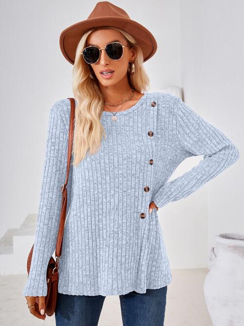 Hannah Mea Ribbed Buttoned Round Neck Slit T-Shirt