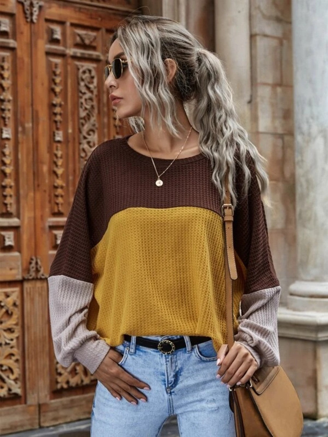 Full Size Color Block Waffle-Knit Long Sleeve Top