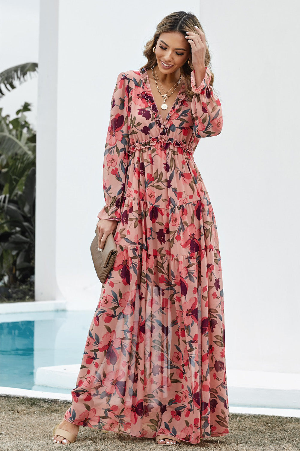 Women's Floral Frill Trim Flounce Sleeve Plunge Maxi Dress