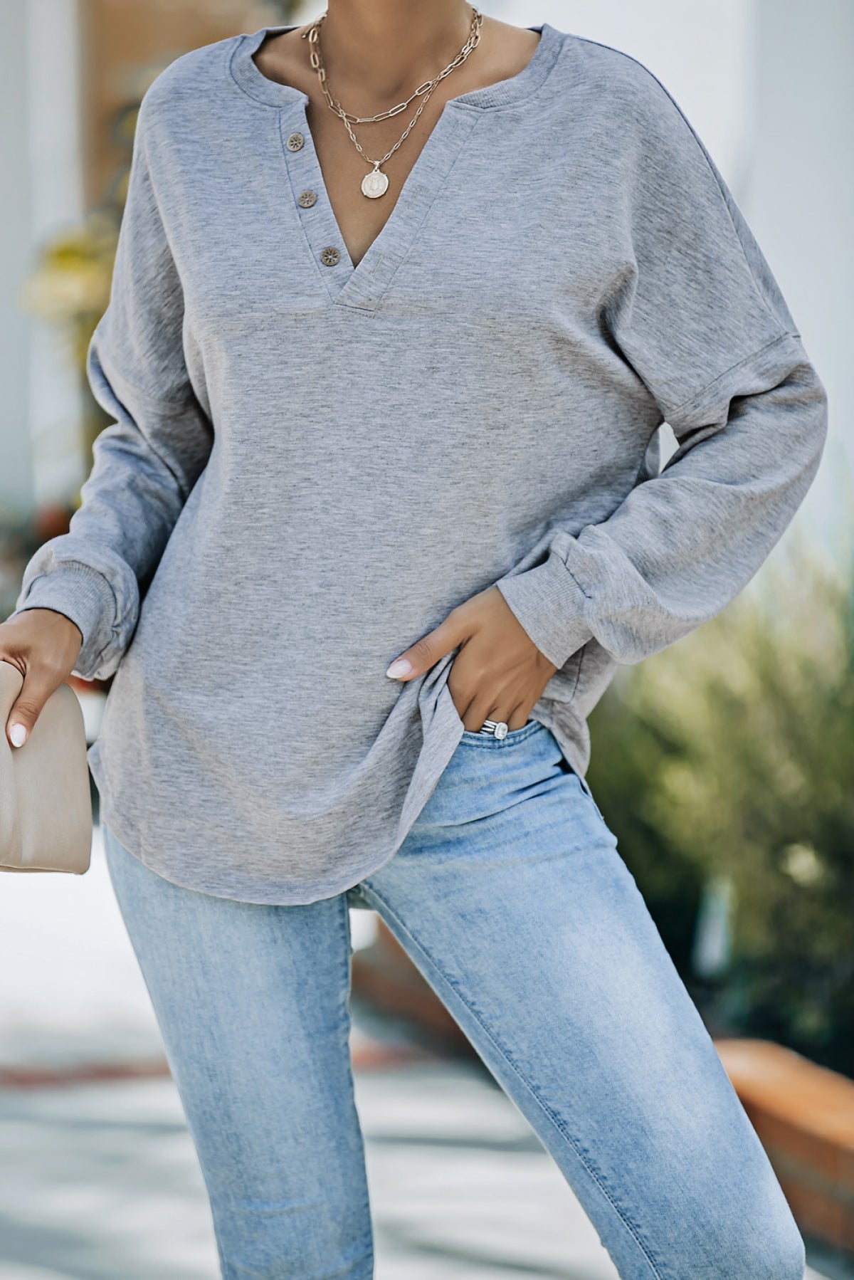 Buttoned V Neck Loose Fit Top