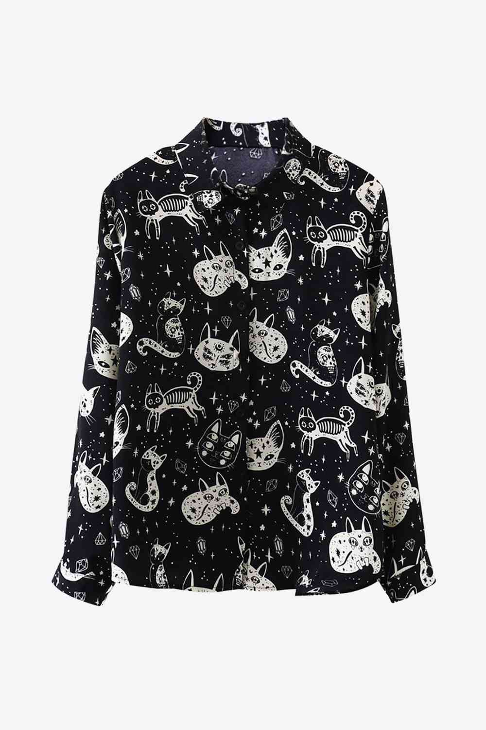 Cat Print Button-Up Black Shirt