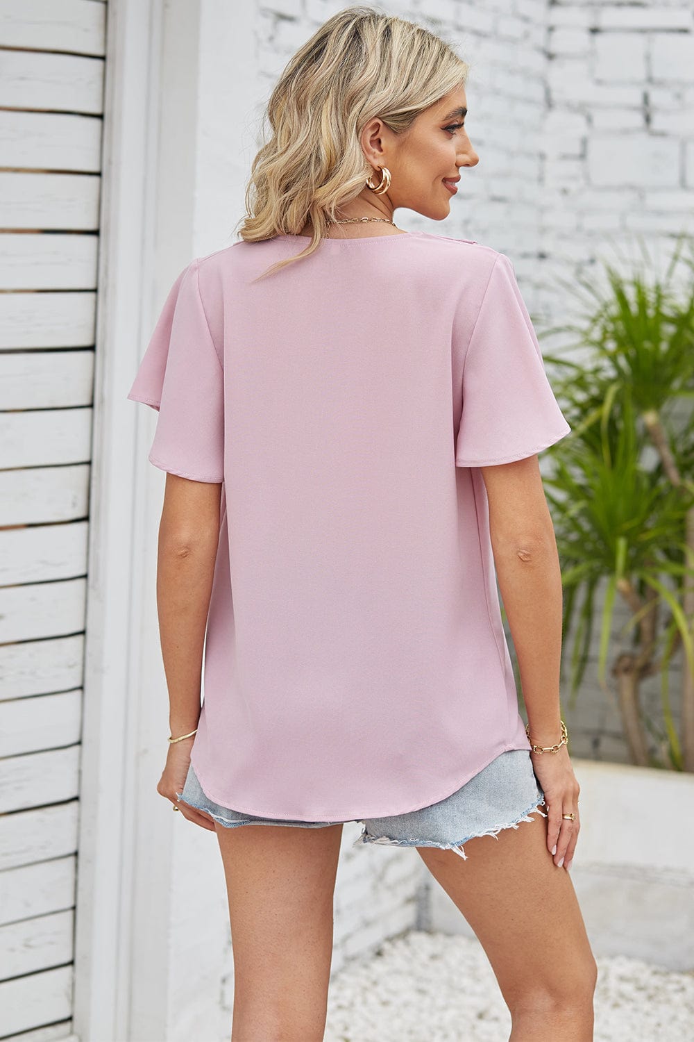 Full Size V-Neck Flutter Sleeve Blouse