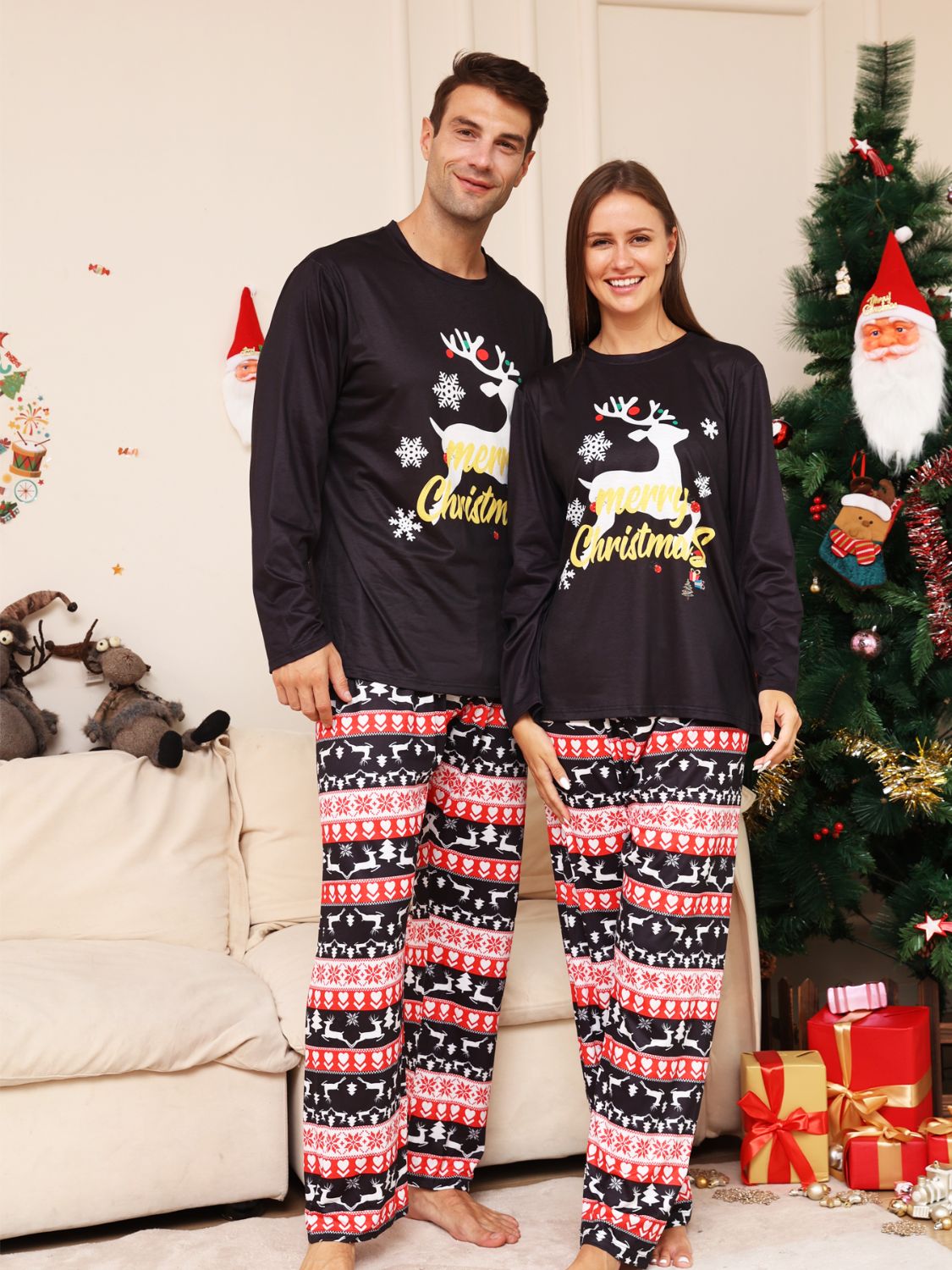 UNISEX ADULT PJ Full Size MERRY CHRISTMAS Graphic Top and Pants Set
