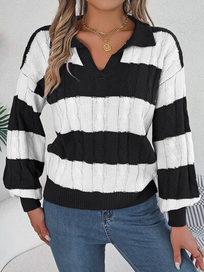 BodaciousBabe Cable-Knit Striped Long Sleeve Sweater