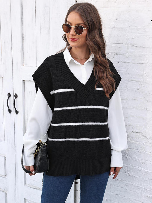 One Size Striped V-Neck Sweater Vest