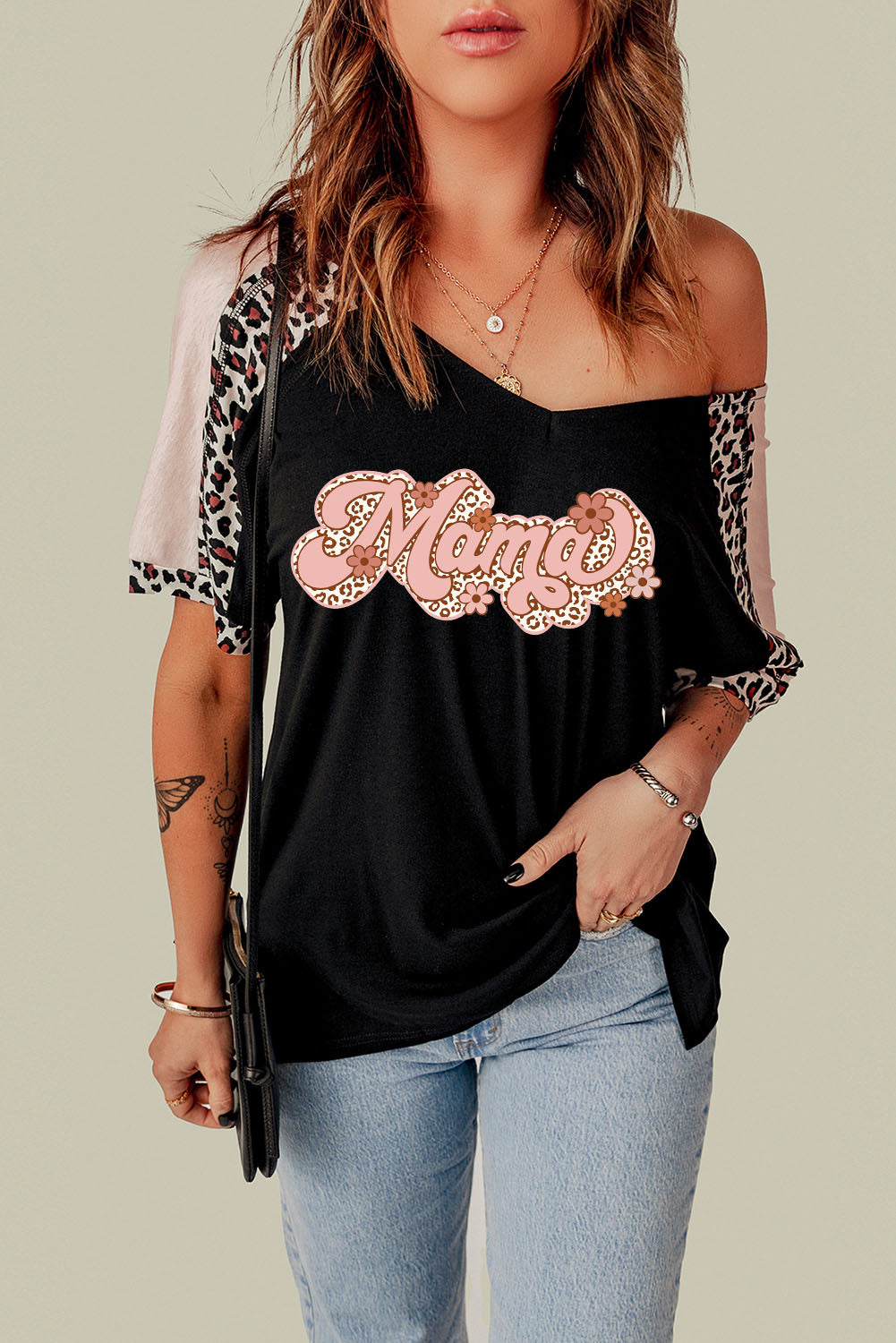 Women's Full Size MAMA Graphic Leopard V-Neck Tee Shirt