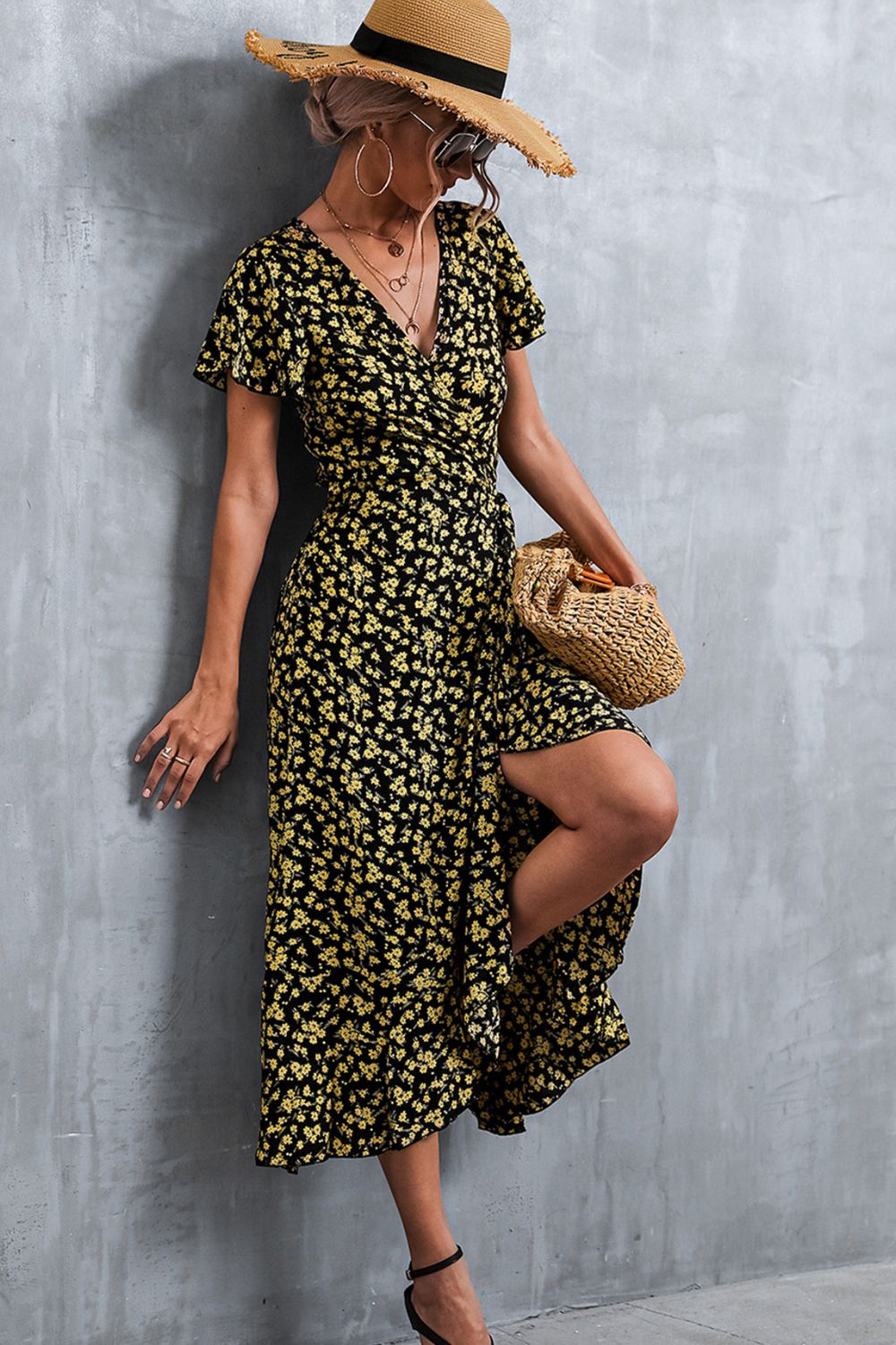 Full Size Floral Surplice Neck Tied Midi Dress