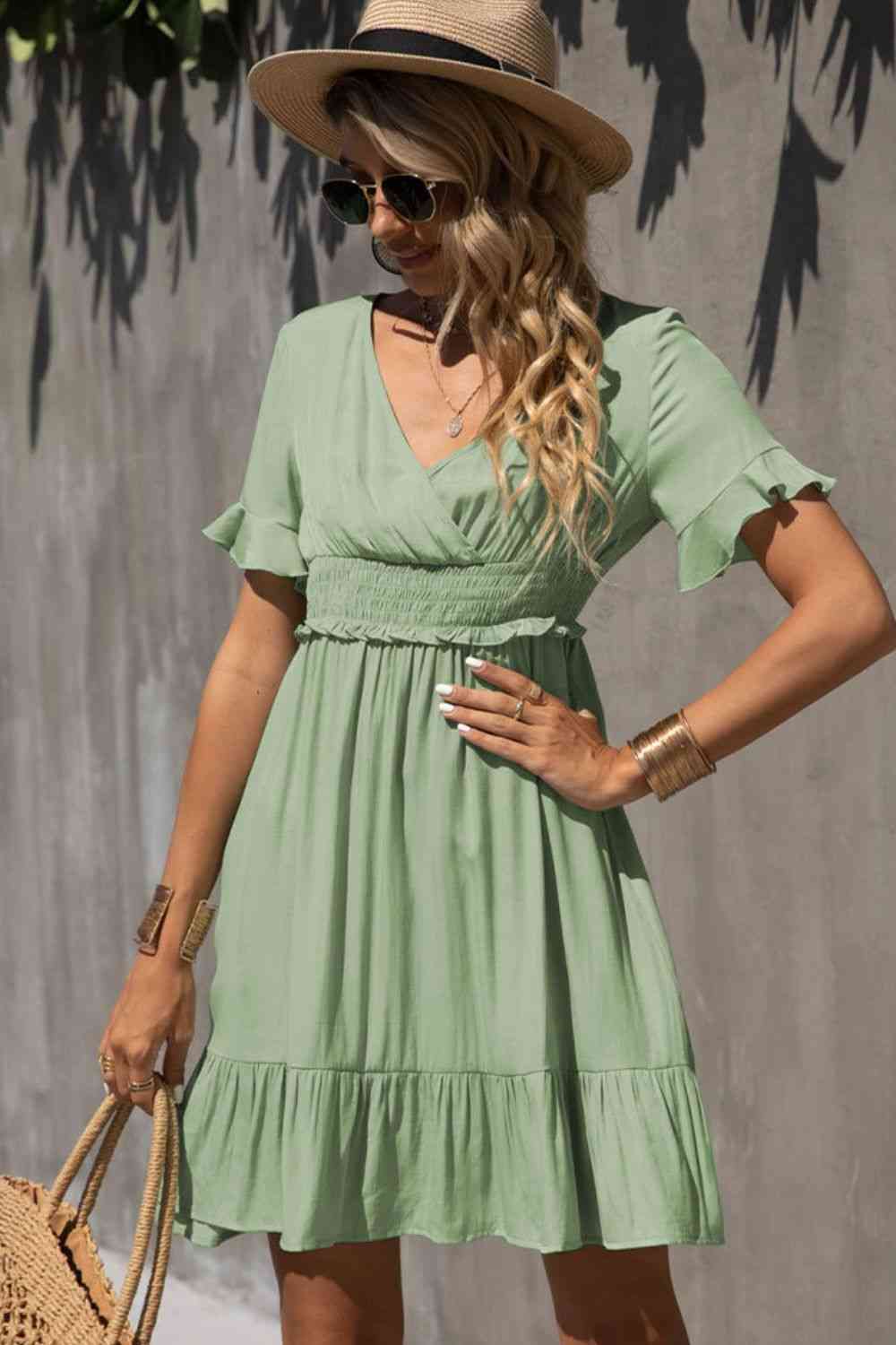 Women's Gum Leaf Green Smocked Waist Flounce Sleeve Ruffle Hem Dress