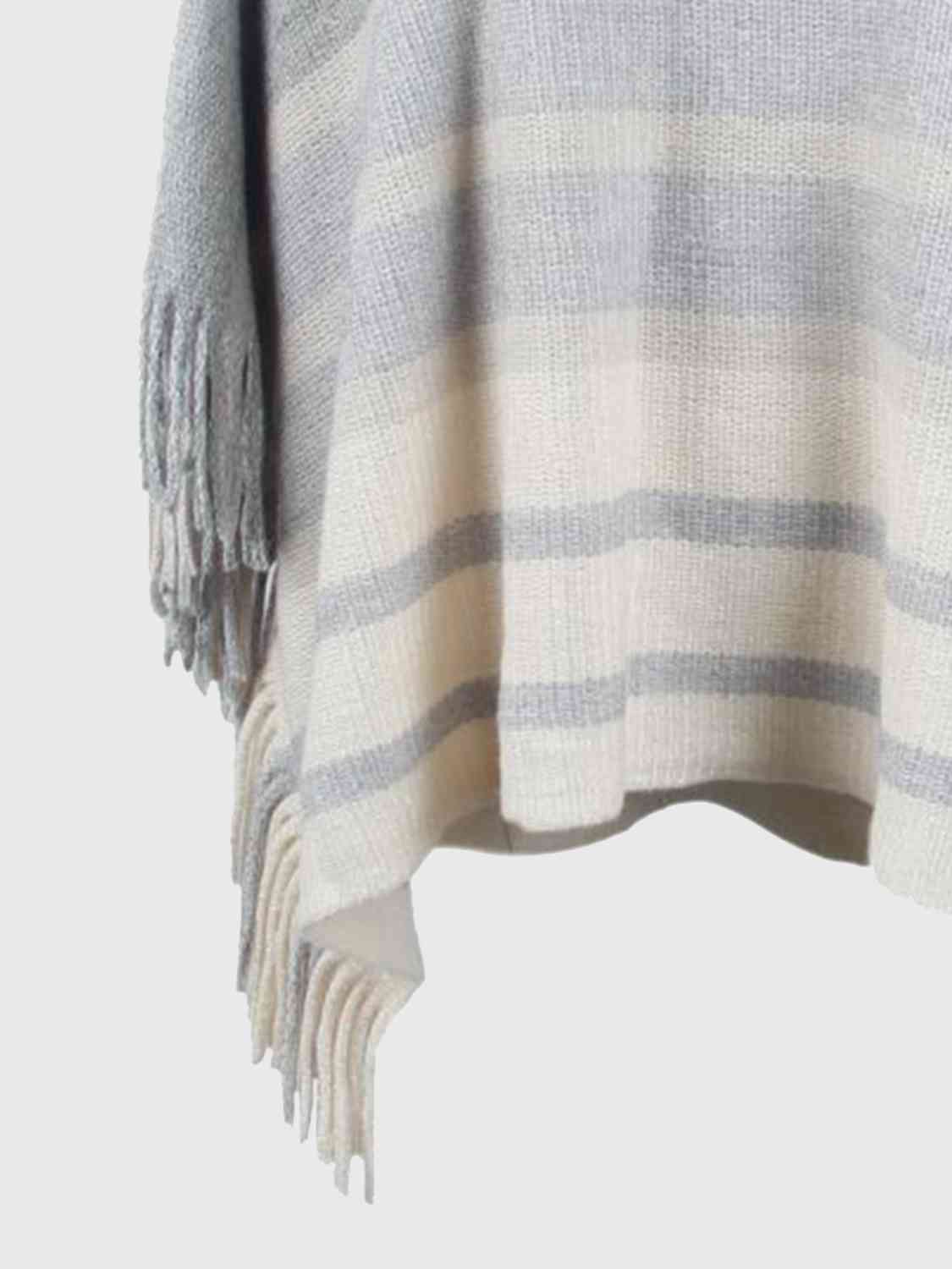 One Size Striped Boat Neck Poncho with Fringes