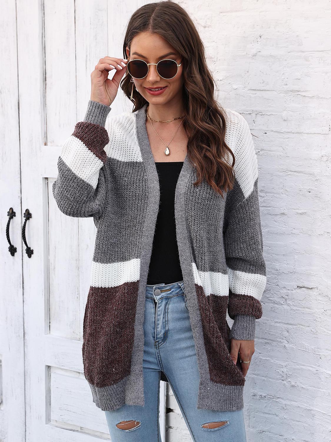 One Size Color Block Open Front Cardigan