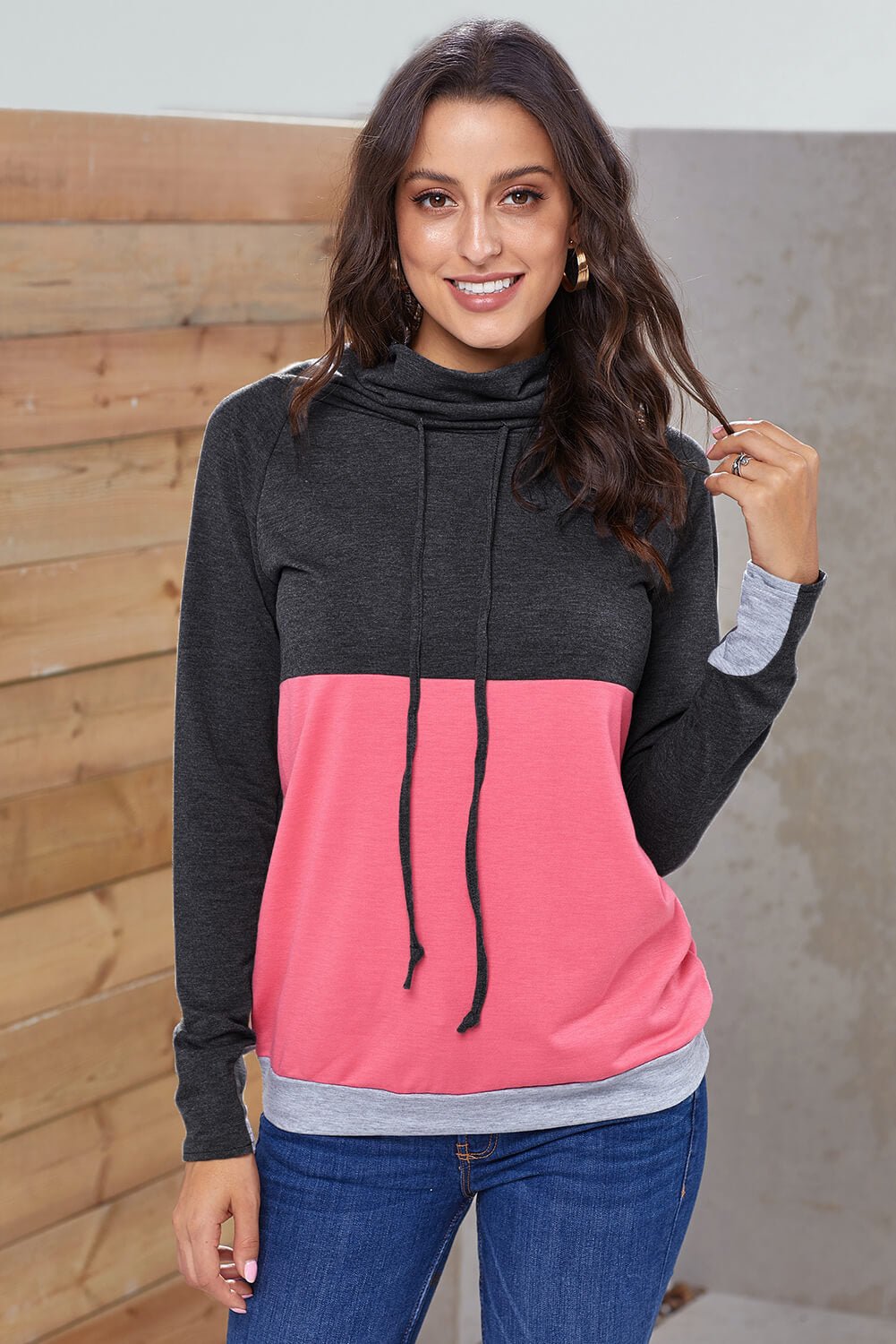 Women's Full Size Color Block Raglan Sleeve Drawstring Sweatshirt